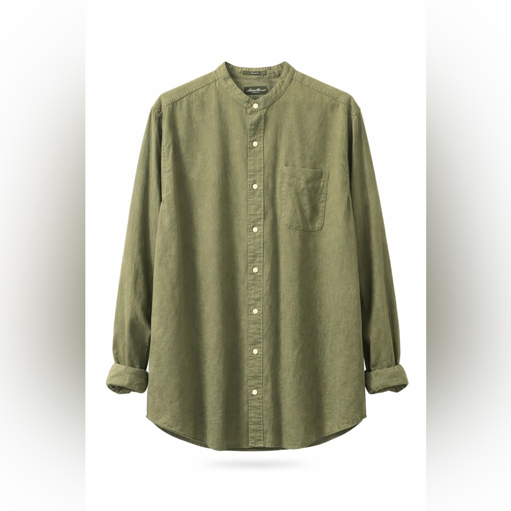 Eddie Bauer Relaxed Fit Olive Green Band Collar Button Down Shirt 2XLT
